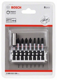 Набор из 8 бит для шуруповерта Impact Control, 2 шт. PH2, 2 шт. PZ2, 1 шт. T20, 1 шт. T25, 1 шт. T30 код заказа 2608522326 (2.608.522.326)